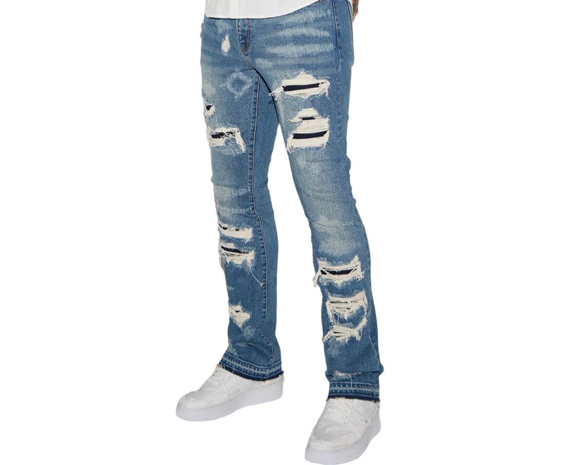 Blue denim stacked jeans